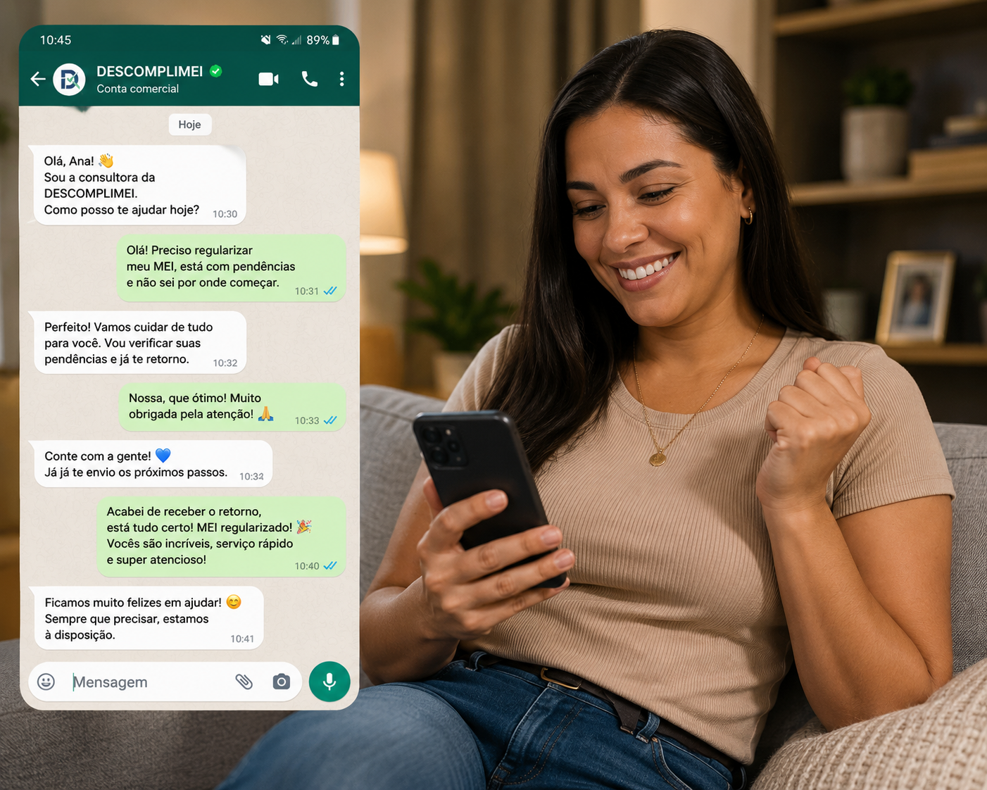 Cliente resolvendo MEI pelo WhatsApp com Descomplimei